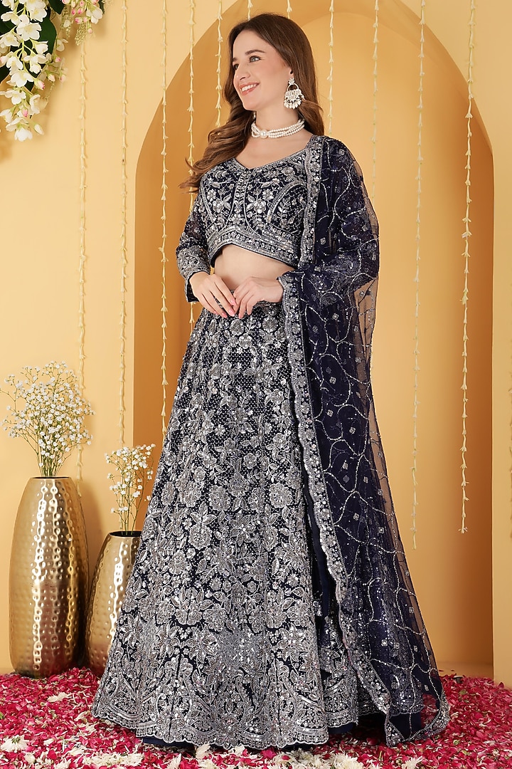 Deep Blue Double Net Bead Hand Embroidered Wedding Lehenga Set by Milu Madan at Pernia's Pop Up Shop