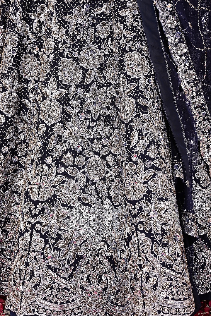 Deep Blue Double Net Bead Hand Embroidered Wedding Lehenga Set by Milu Madan at Pernia's Pop Up Shop