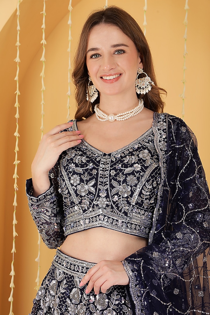 Deep Blue Double Net Bead Hand Embroidered Wedding Lehenga Set by Milu Madan at Pernia's Pop Up Shop