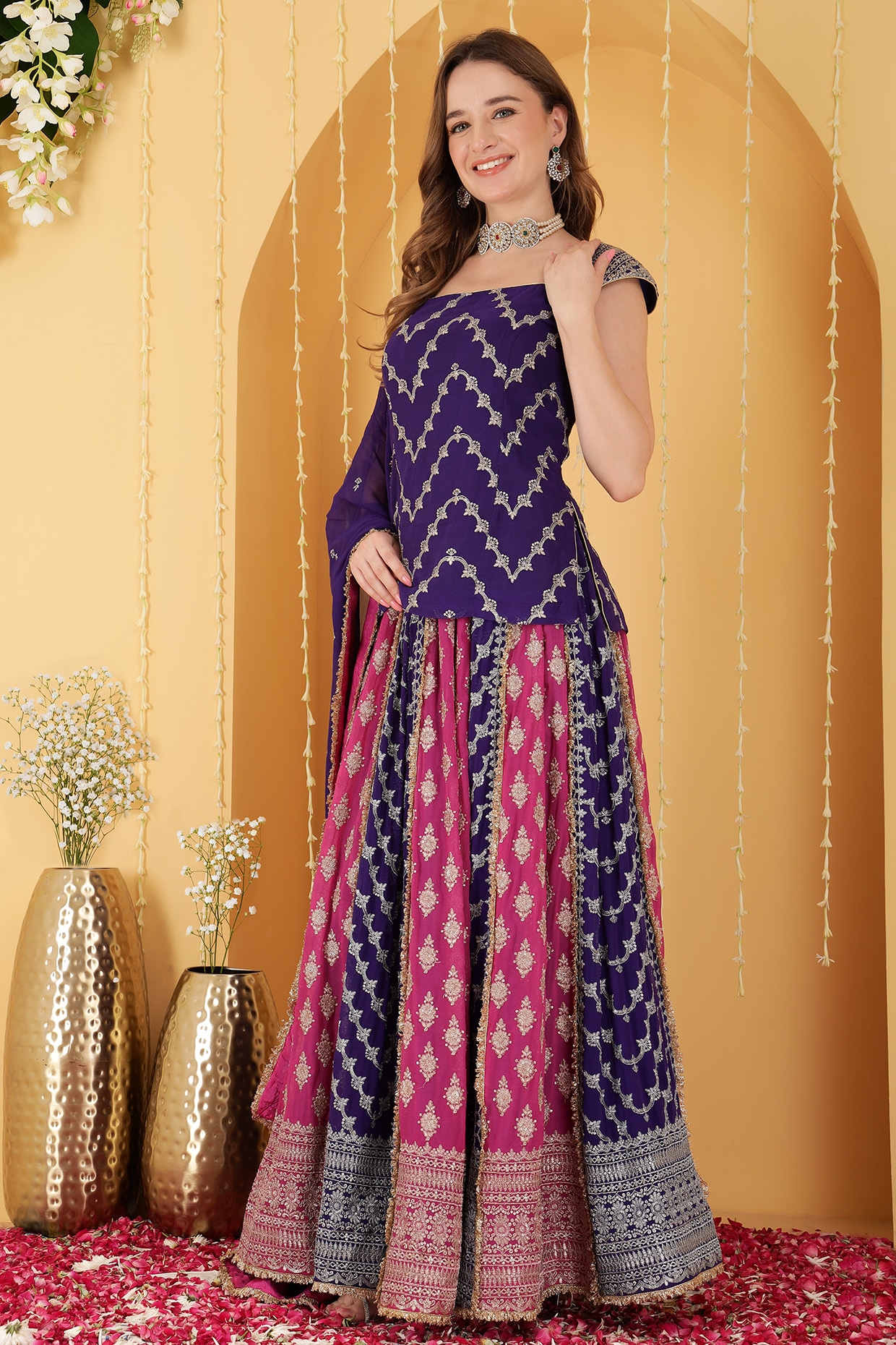 Milu Madan Hot Pink & Purple Georgette Sequin Embroidered Paneled Lehenga Set