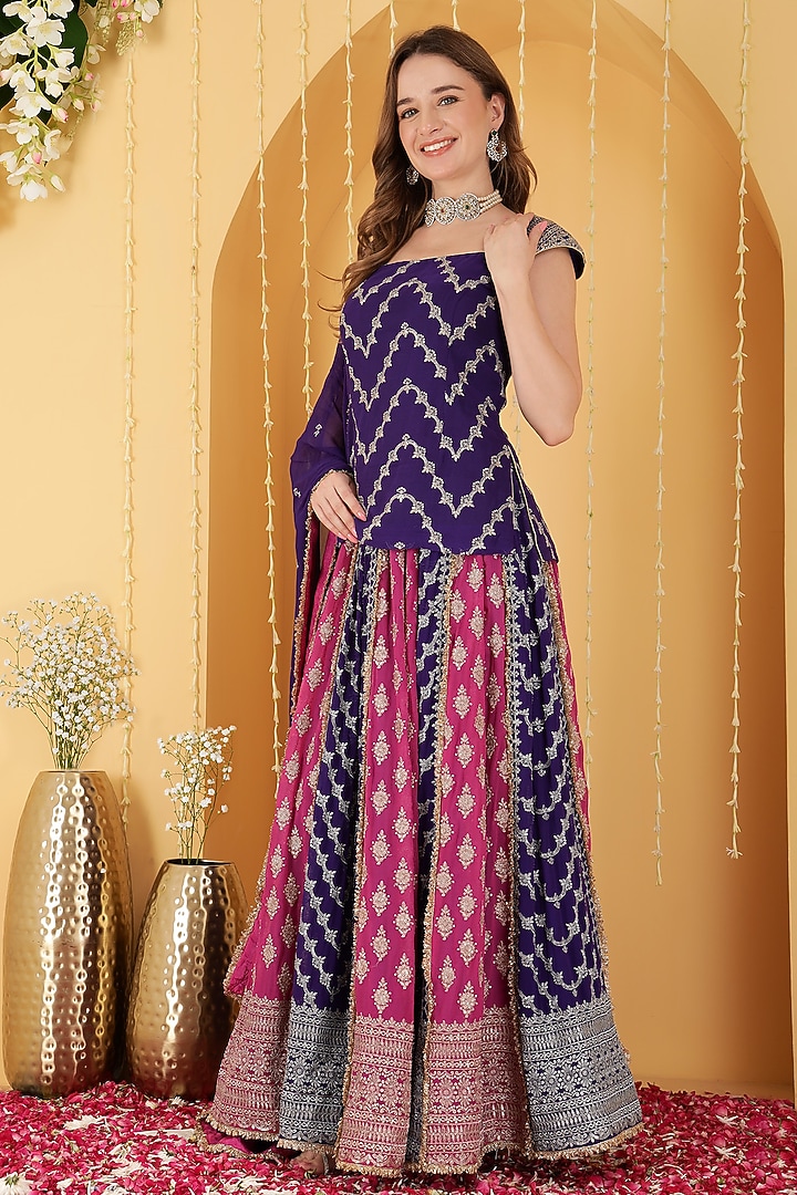 Hot Pink & Purple Georgette Sequin Embroidered Paneled Wedding Lehenga Set by Milu Madan at Pernia's Pop Up Shop