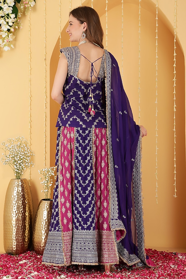 Hot Pink & Purple Georgette Sequin Embroidered Paneled Wedding Lehenga Set by Milu Madan at Pernia's Pop Up Shop