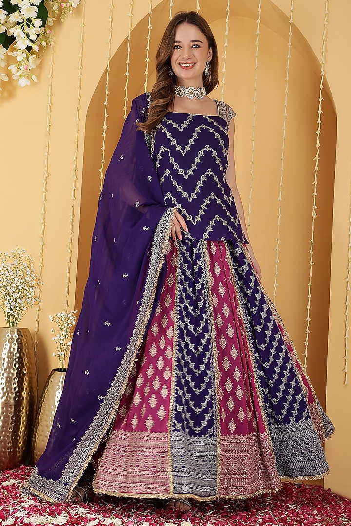 Hot Pink & Purple Georgette Sequin Embroidered Paneled Wedding Lehenga Set by Milu Madan at Pernia's Pop Up Shop