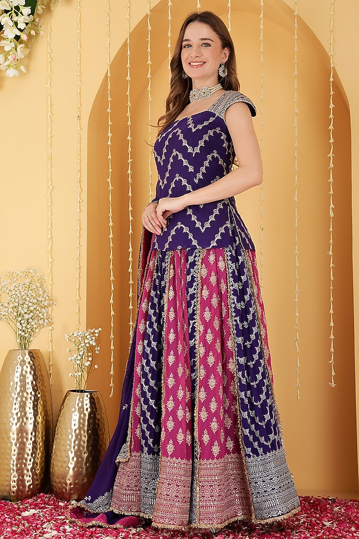 Hot Pink & Purple Georgette Sequin Embroidered Paneled Wedding Lehenga Set by Milu Madan at Pernia's Pop Up Shop