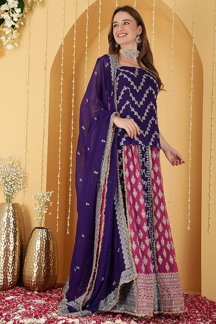 Hot Pink & Purple Georgette Sequin Embroidered Paneled Wedding Lehenga Set by Milu Madan at Pernia's Pop Up Shop