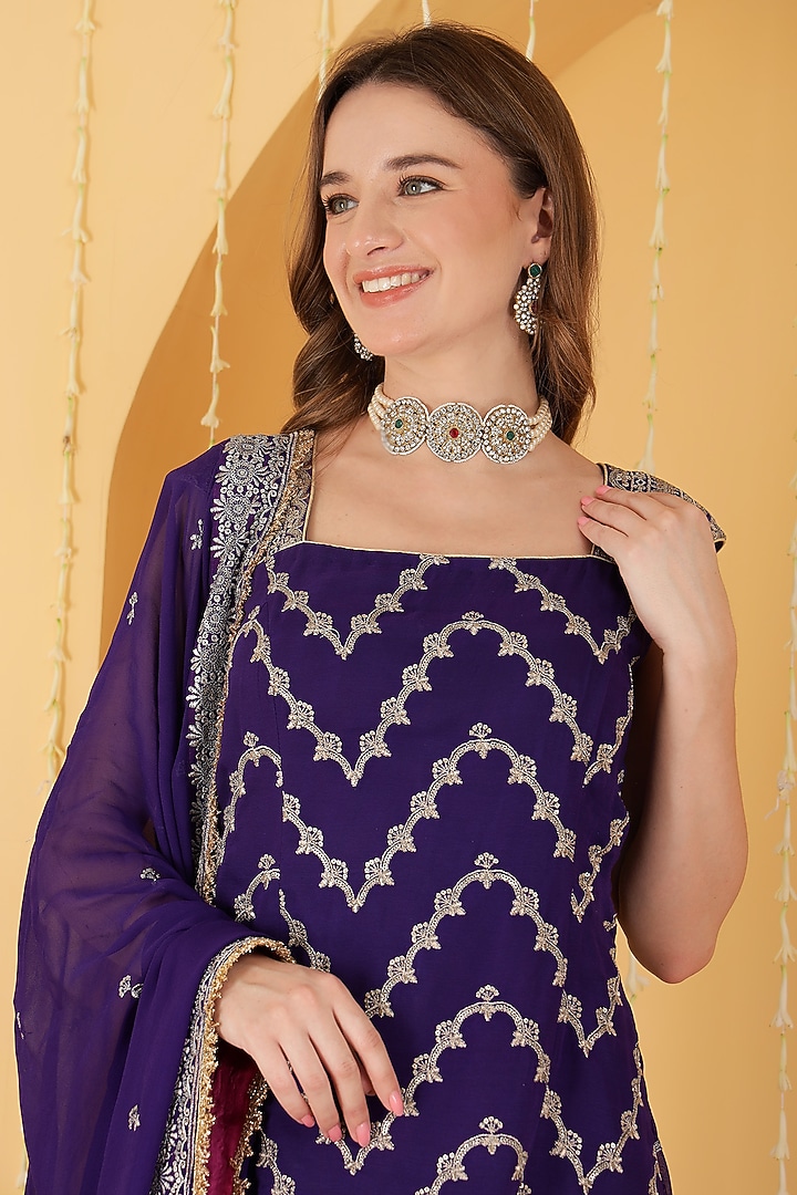 Hot Pink & Purple Georgette Sequin Embroidered Paneled Wedding Lehenga Set by Milu Madan at Pernia's Pop Up Shop