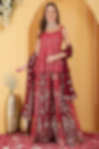 Rani Pink & Wine Georgette Zari Embroidered Wedding Sharara Set by Milu Madan at Pernia's Pop Up Shop