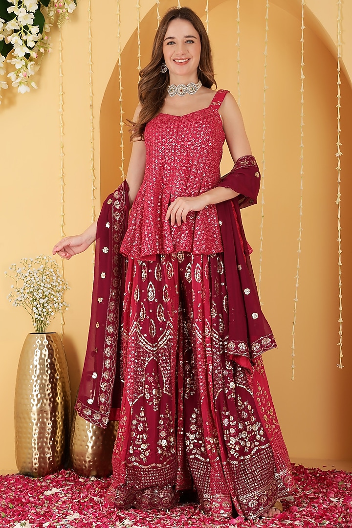 Rani Pink & Wine Georgette Zari Embroidered Wedding Sharara Set by Milu Madan at Pernia's Pop Up Shop