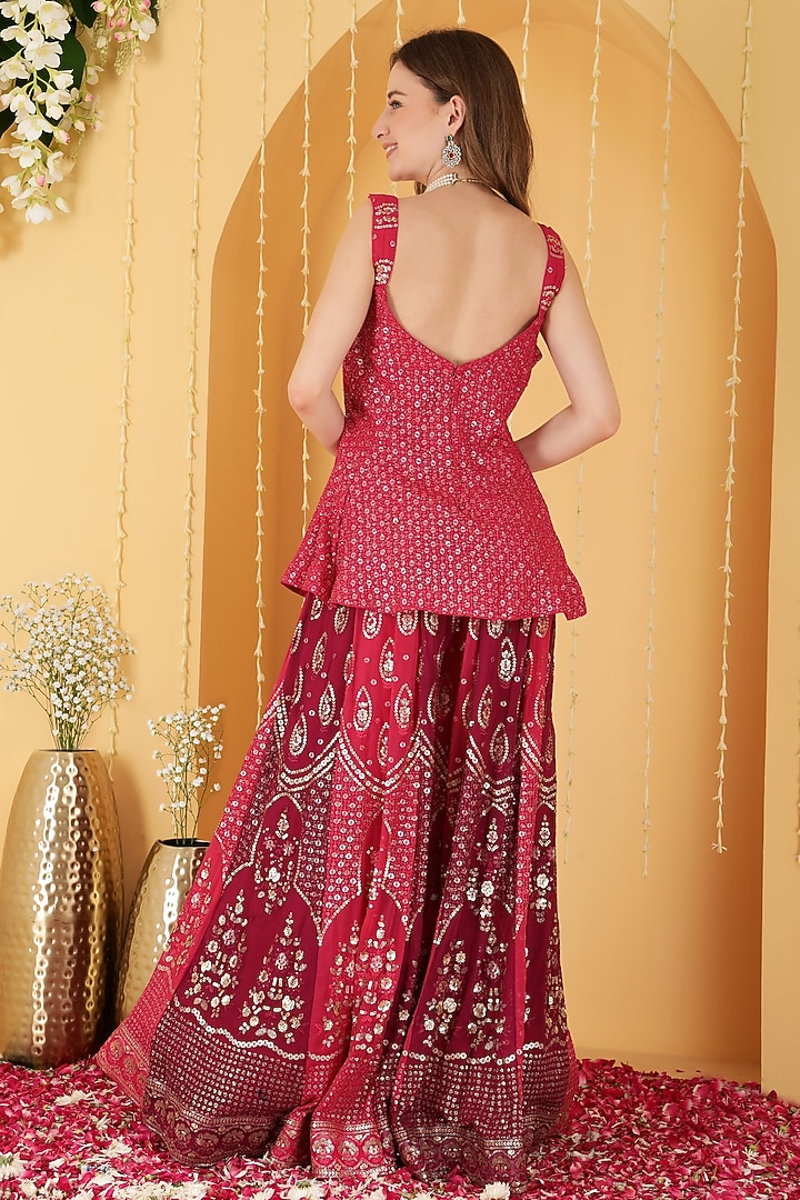Rani Pink & Wine Georgette Zari Embroidered Wedding Sharara Set by Milu Madan at Pernia's Pop Up Shop