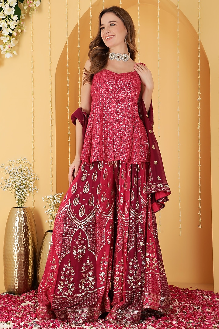 Rani Pink & Wine Georgette Zari Embroidered Wedding Sharara Set by Milu Madan at Pernia's Pop Up Shop