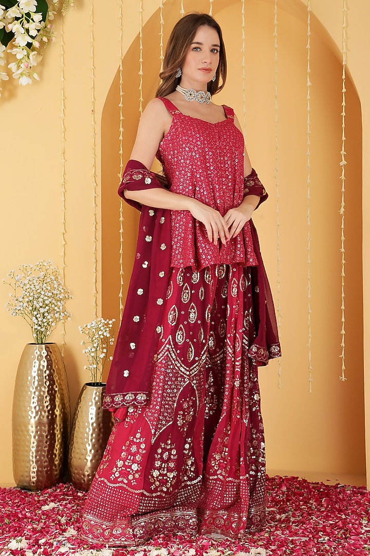 Rani Pink & Wine Georgette Zari Embroidered Wedding Sharara Set by Milu Madan at Pernia's Pop Up Shop