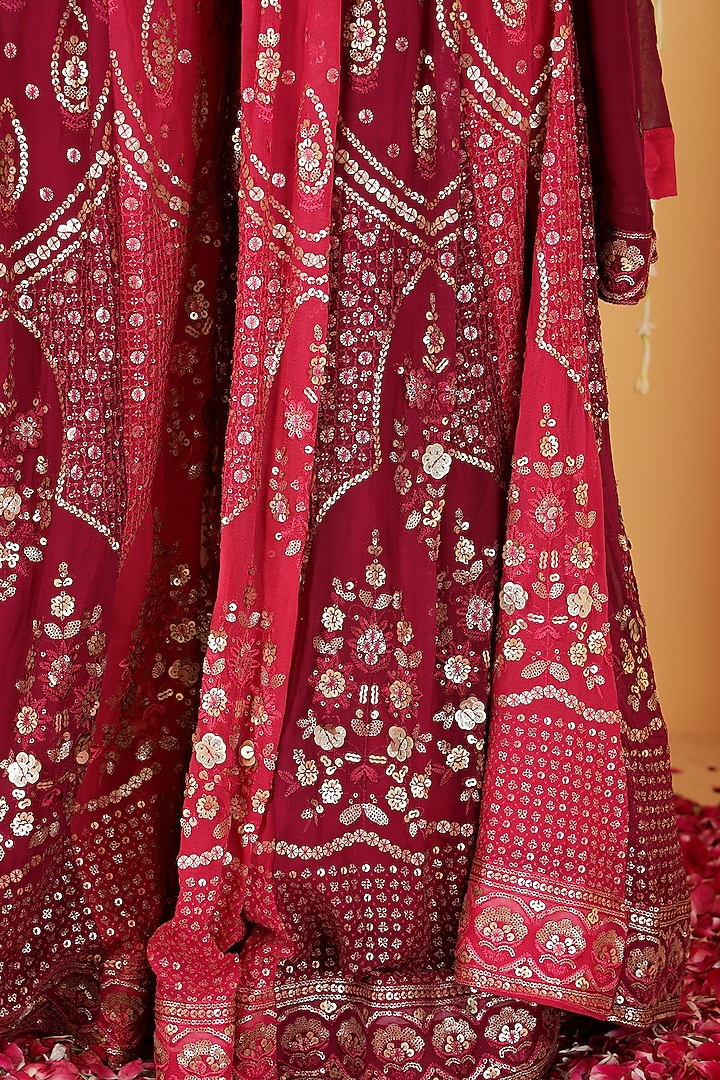 Rani Pink & Wine Georgette Zari Embroidered Wedding Sharara Set by Milu Madan at Pernia's Pop Up Shop