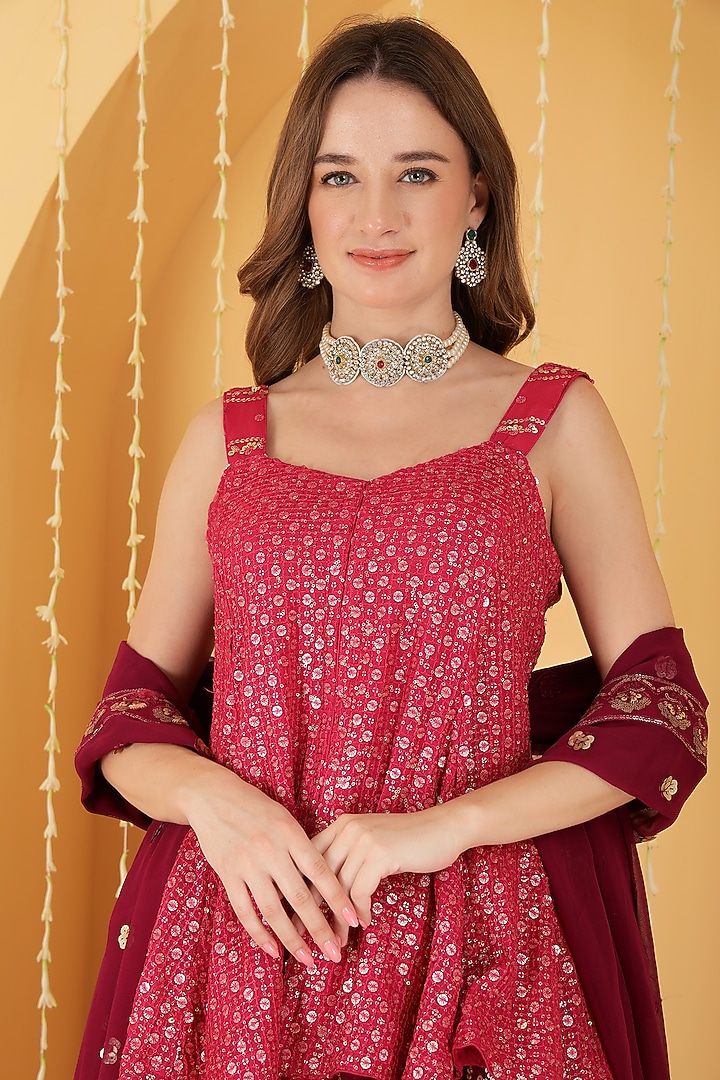 Rani Pink & Wine Georgette Zari Embroidered Wedding Sharara Set by Milu Madan at Pernia's Pop Up Shop