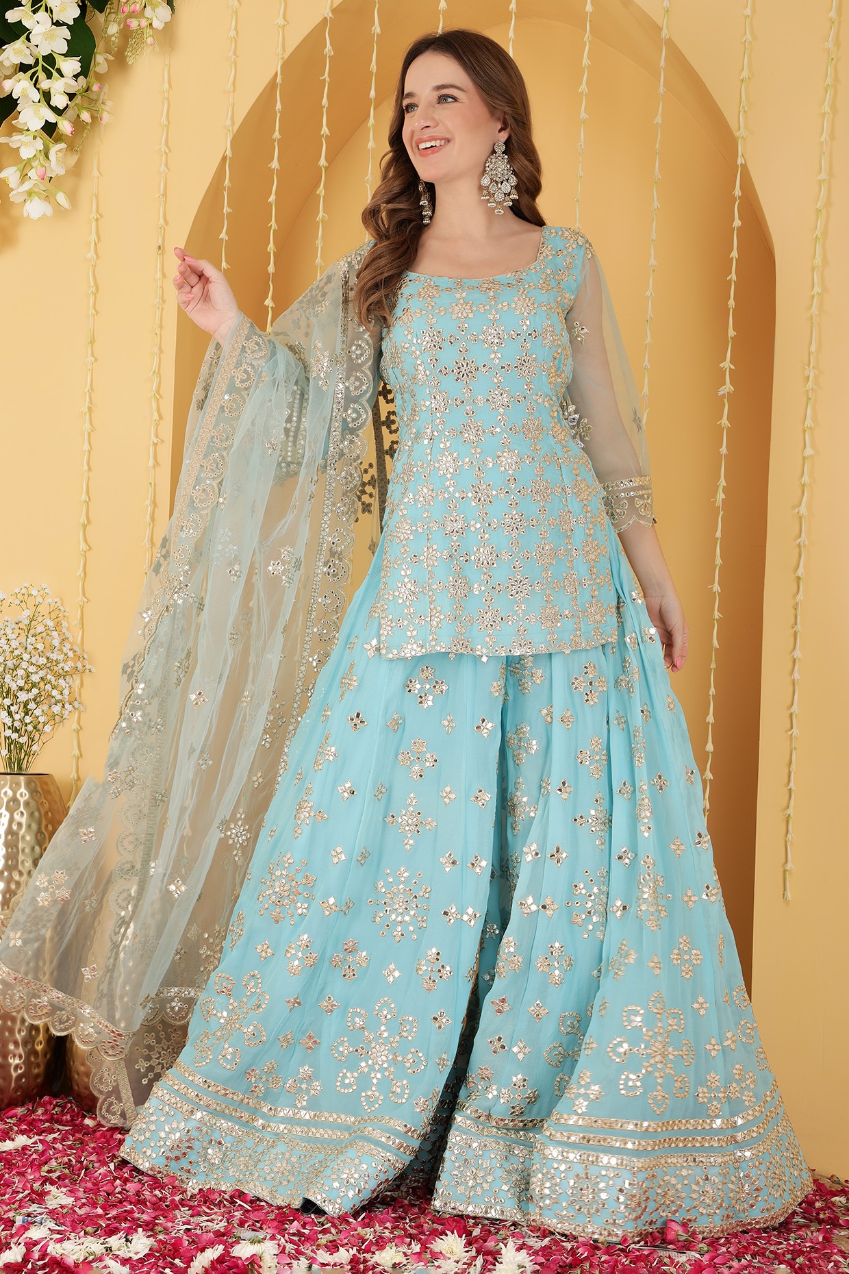 Milu Madan Sky Blue Georgette Gota Patti Work Sharara Set