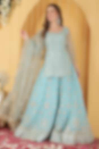 Sky Blue Georgette Gota Patti Work Wedding Sharara Set by Milu Madan at Pernia's Pop Up Shop