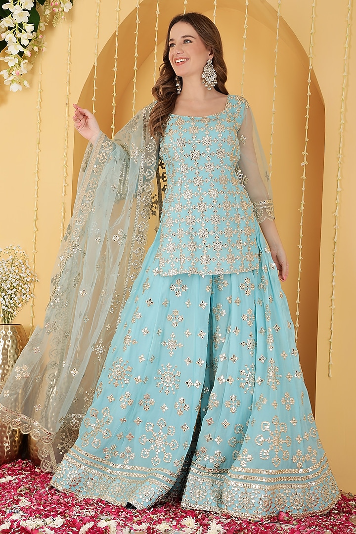 Sky Blue Georgette Gota Patti Work Wedding Sharara Set by Milu Madan at Pernia's Pop Up Shop