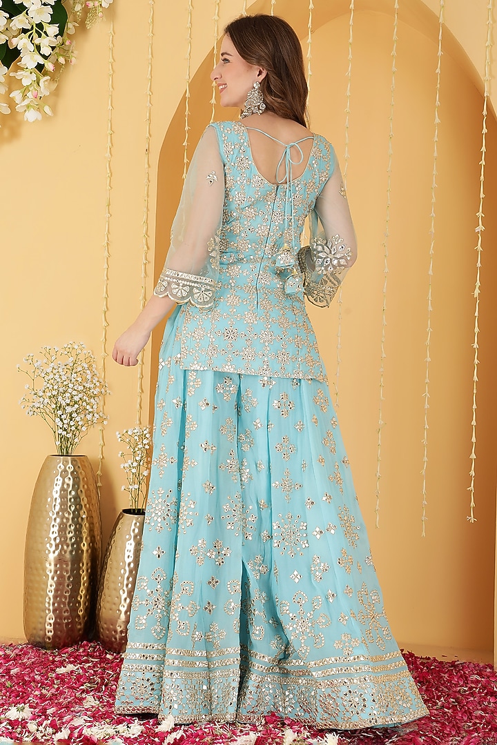 Sky Blue Georgette Gota Patti Work Wedding Sharara Set by Milu Madan at Pernia's Pop Up Shop