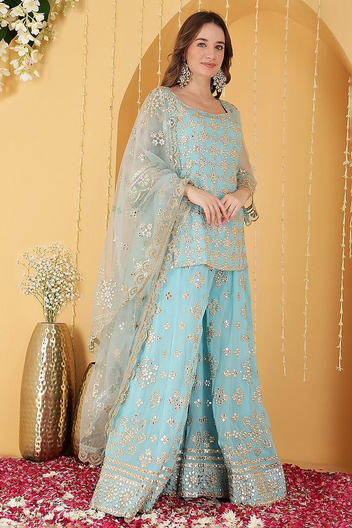 Sky Blue Georgette Gota Patti Work Wedding Sharara Set by Milu Madan at Pernia's Pop Up Shop