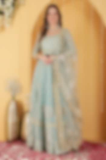 Light Teal Blue Georgette Gota Patti Work Wedding Lehenga Set by Milu Madan at Pernia's Pop Up Shop