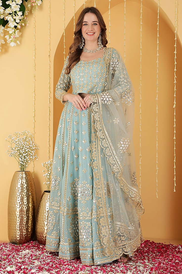 Light Teal Blue Georgette Gota Patti Work Wedding Lehenga Set by Milu Madan at Pernia's Pop Up Shop