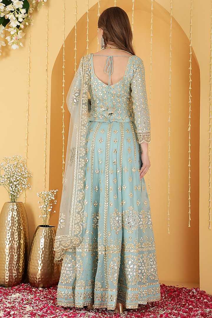 Light Teal Blue Georgette Gota Patti Work Wedding Lehenga Set by Milu Madan at Pernia's Pop Up Shop
