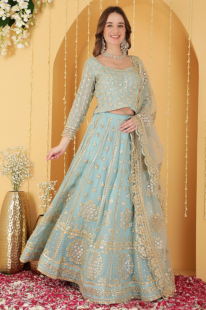 Light Teal Blue Georgette Gota Patti Work Wedding Lehenga Set by Milu Madan at Pernia's Pop Up Shop
