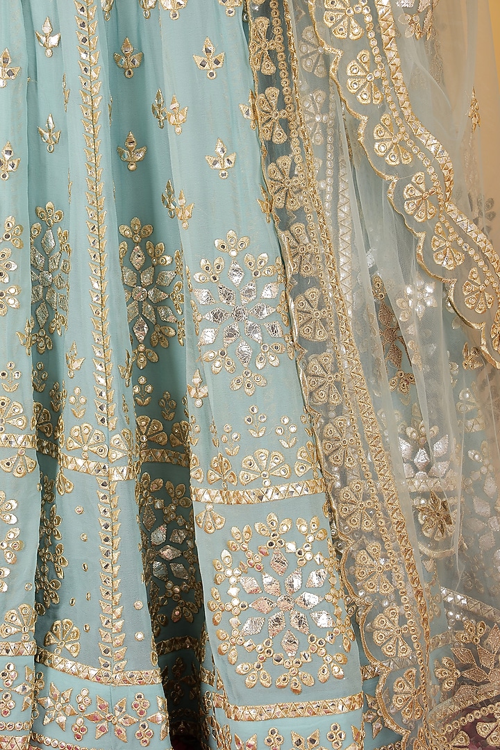 Light Teal Blue Georgette Gota Patti Work Wedding Lehenga Set by Milu Madan at Pernia's Pop Up Shop