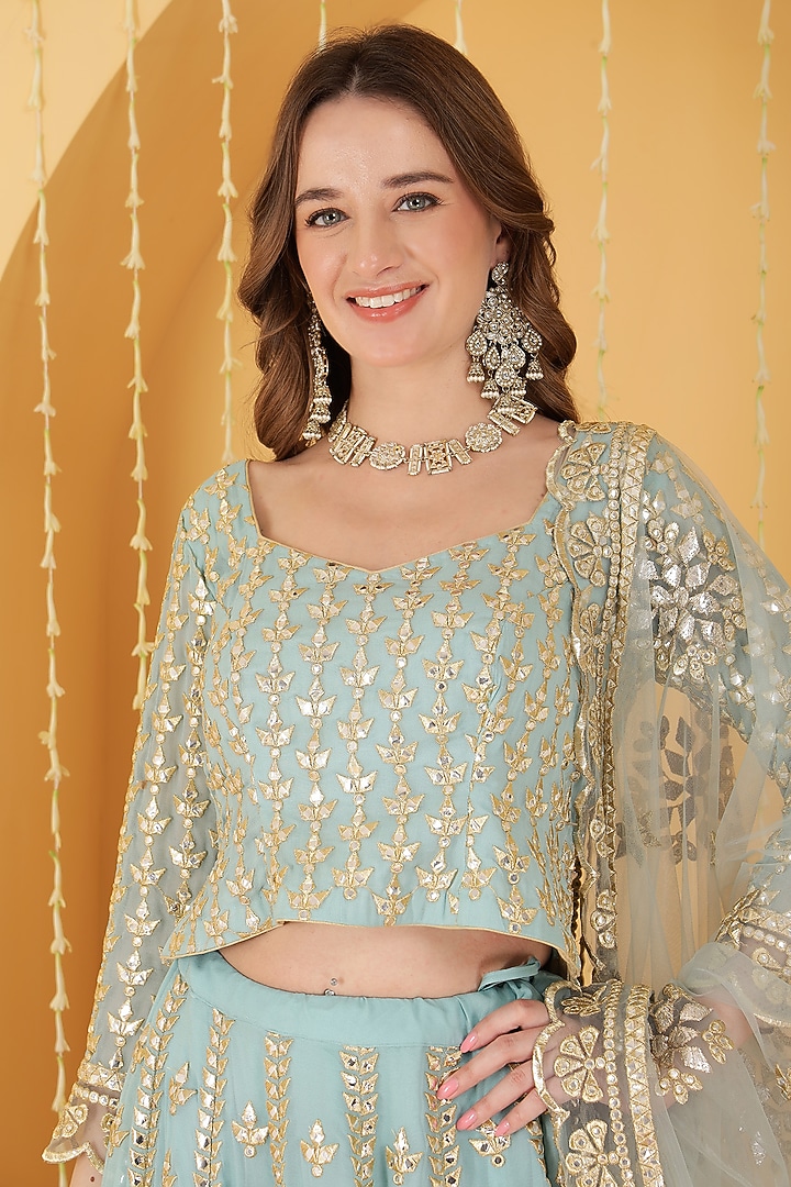 Light Teal Blue Georgette Gota Patti Work Wedding Lehenga Set by Milu Madan at Pernia's Pop Up Shop
