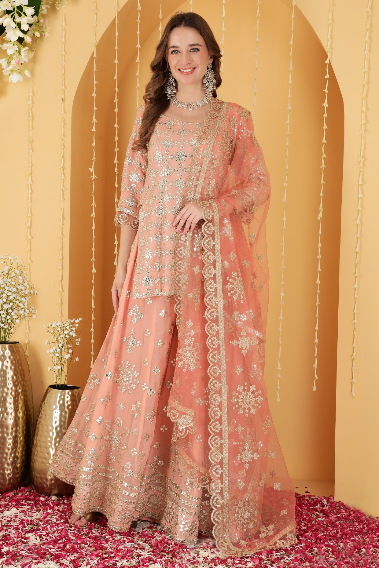 Milu Madan Dark Peach Georgette Gota Patti Work Sharara Set