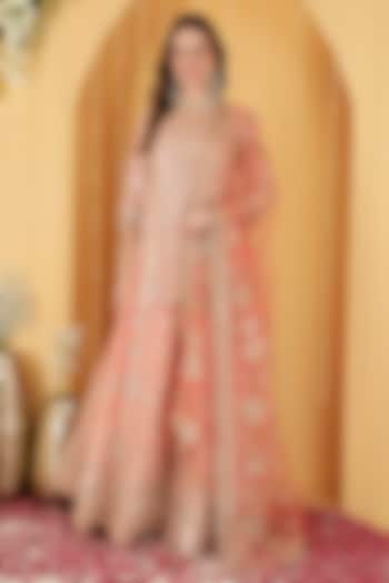 Dark Peach Georgette Gota Patti Work Wedding Sharara Set by Milu Madan at Pernia's Pop Up Shop