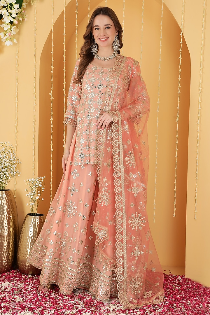 Dark Peach Georgette Gota Patti Work Wedding Sharara Set by Milu Madan at Pernia's Pop Up Shop
