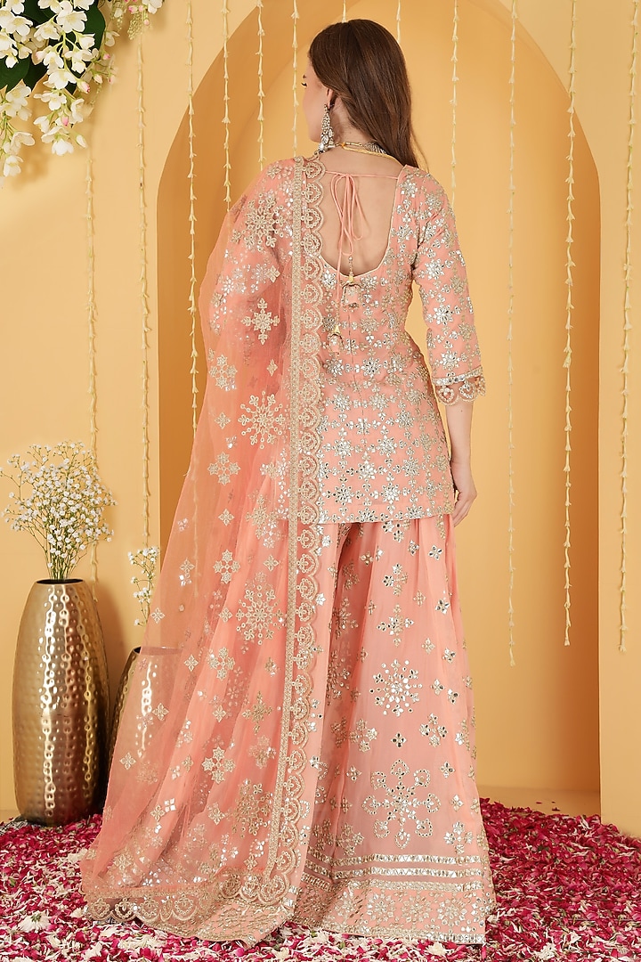Dark Peach Georgette Gota Patti Work Wedding Sharara Set by Milu Madan at Pernia's Pop Up Shop