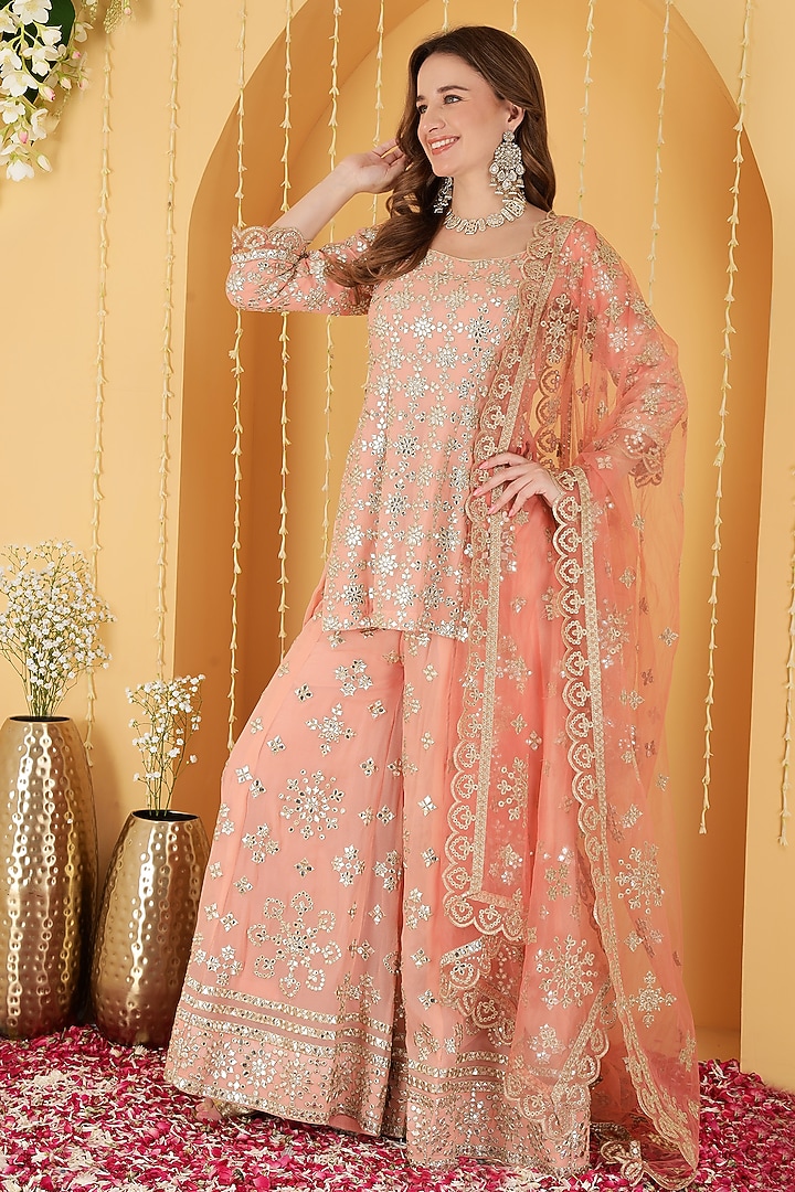 Dark Peach Georgette Gota Patti Work Wedding Sharara Set by Milu Madan at Pernia's Pop Up Shop