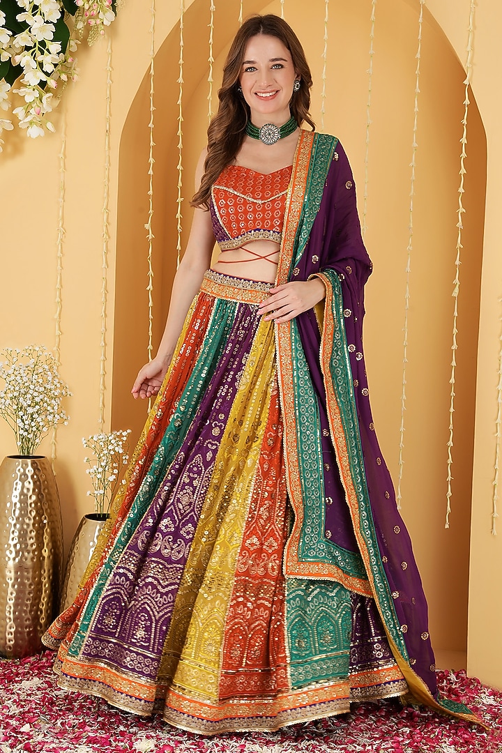 Multi-Colored Georgette Zari Embroidered Wedding Lehenga Set by Milu Madan at Pernia's Pop Up Shop