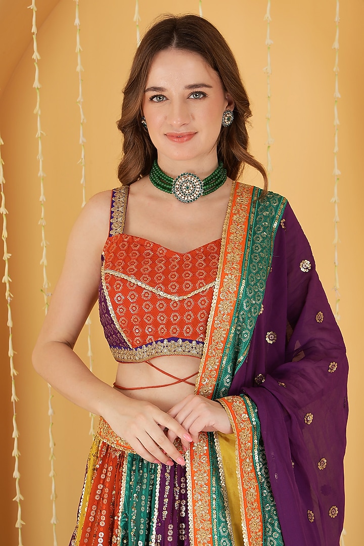 Multi-Colored Georgette Zari Embroidered Wedding Lehenga Set by Milu Madan at Pernia's Pop Up Shop
