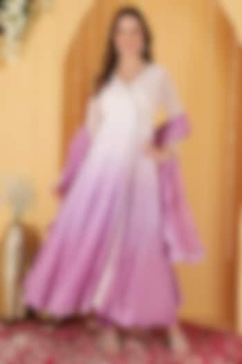 Lavender Ombre Organza Resham Embroidered Wedding Anarkali Set by Milu Madan at Pernia's Pop Up Shop