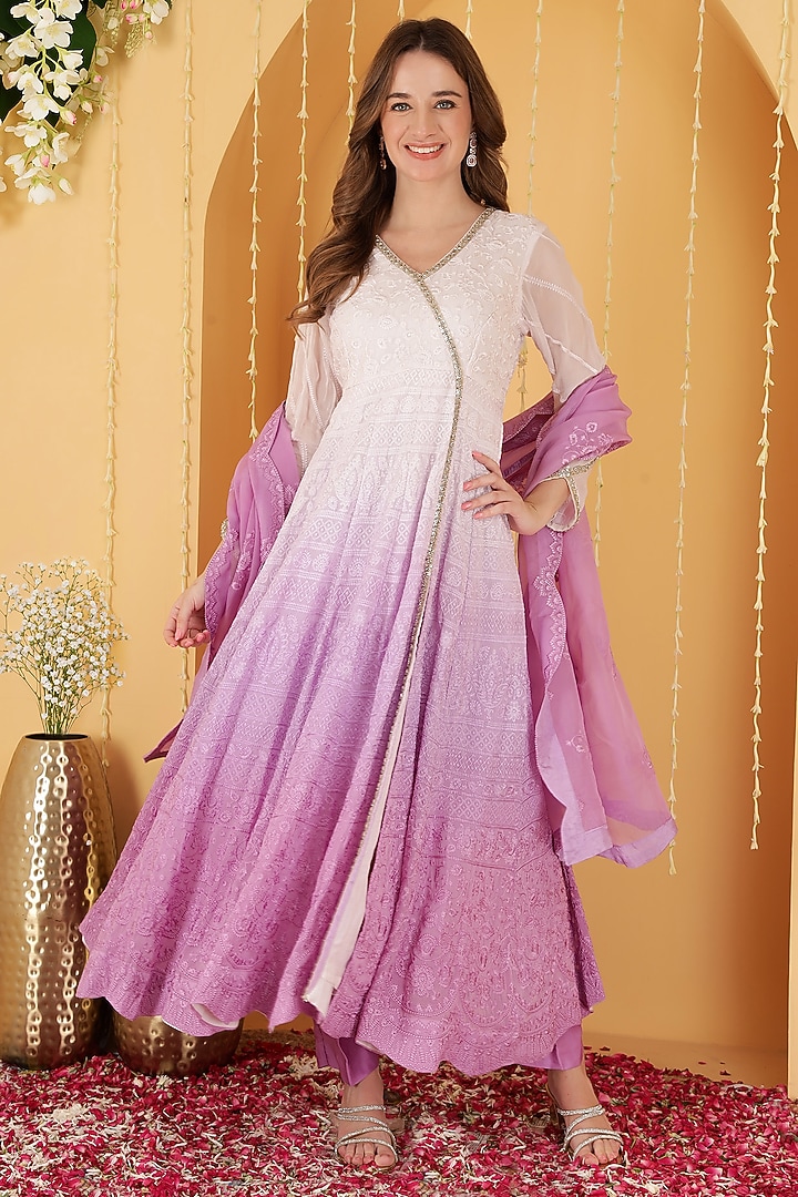 Lavender Ombre Organza Resham Embroidered Wedding Anarkali Set by Milu Madan at Pernia's Pop Up Shop