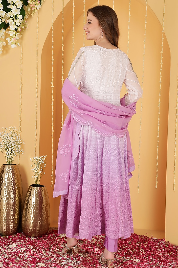 Lavender Ombre Organza Resham Embroidered Wedding Anarkali Set by Milu Madan at Pernia's Pop Up Shop