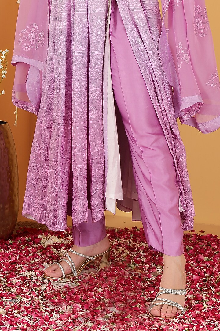 Lavender Ombre Organza Resham Embroidered Wedding Anarkali Set by Milu Madan at Pernia's Pop Up Shop