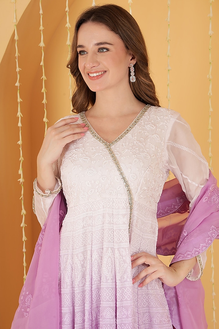 Lavender Ombre Organza Resham Embroidered Wedding Anarkali Set by Milu Madan at Pernia's Pop Up Shop