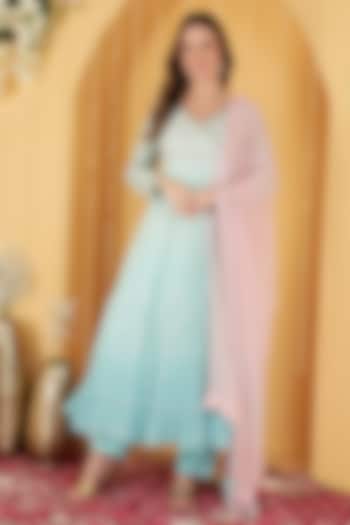 Sea Green Ombre Organza Resham Embroidered Wedding Anarkali Set by Milu Madan at Pernia's Pop Up Shop