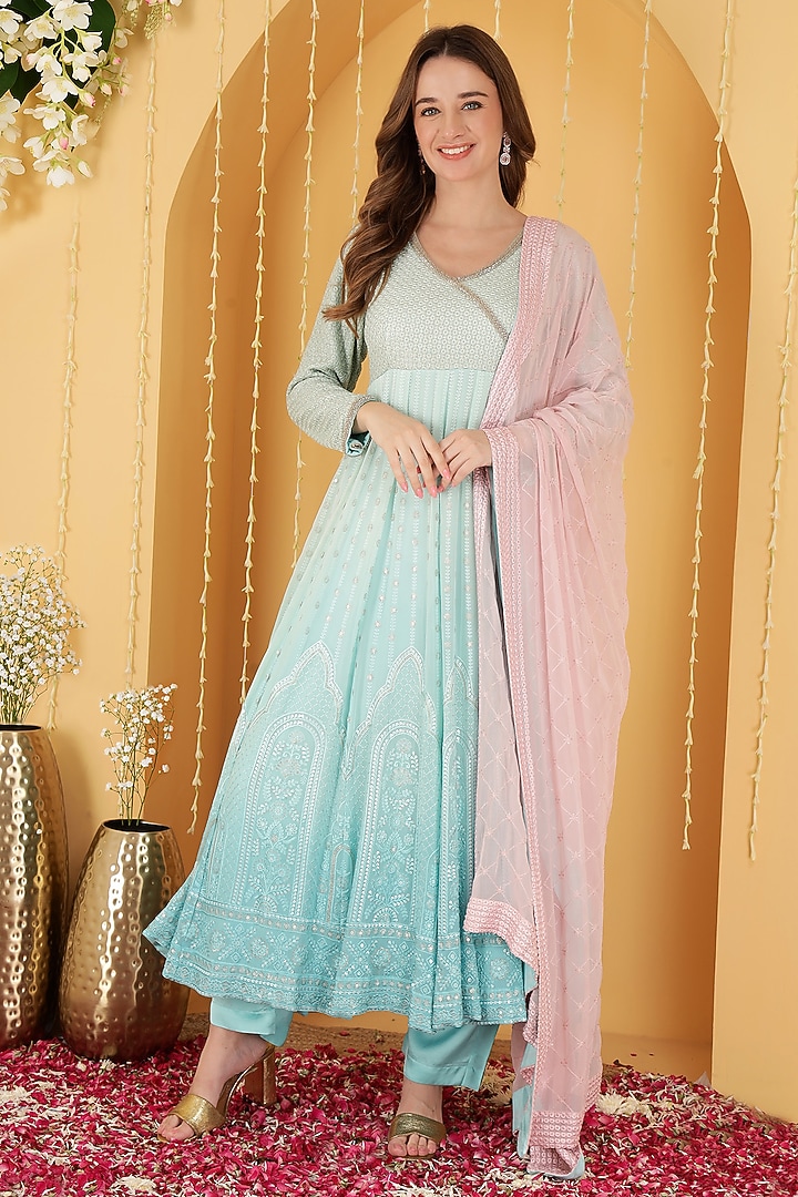 Sea Green Ombre Organza Resham Embroidered Wedding Anarkali Set by Milu Madan at Pernia's Pop Up Shop