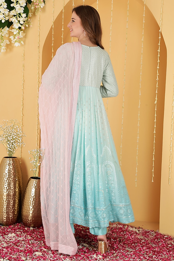 Sea Green Ombre Organza Resham Embroidered Wedding Anarkali Set by Milu Madan at Pernia's Pop Up Shop