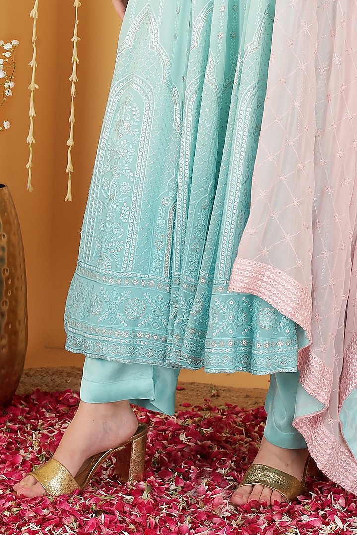 Sea Green Ombre Organza Resham Embroidered Wedding Anarkali Set by Milu Madan at Pernia's Pop Up Shop
