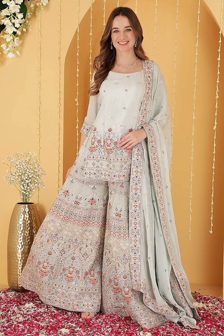 Powder Blue Chinon Chiffon Wedding Sharara Set by Milu Madan at Pernia's Pop Up Shop