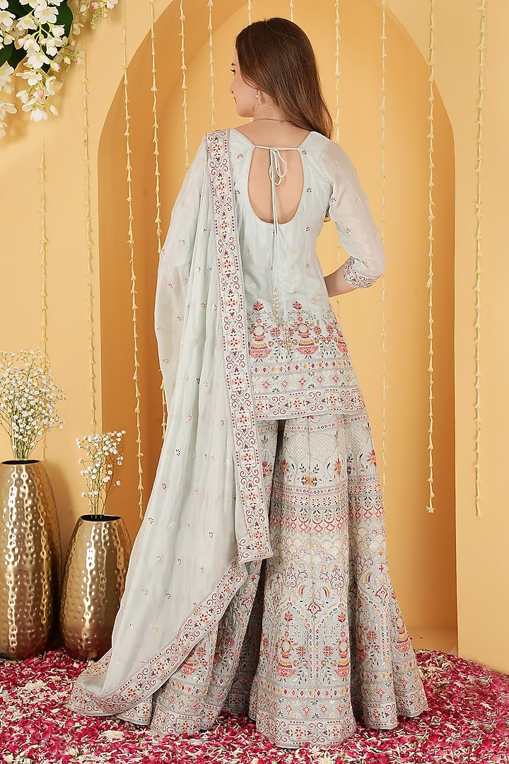 Powder Blue Chinon Chiffon Wedding Sharara Set by Milu Madan at Pernia's Pop Up Shop