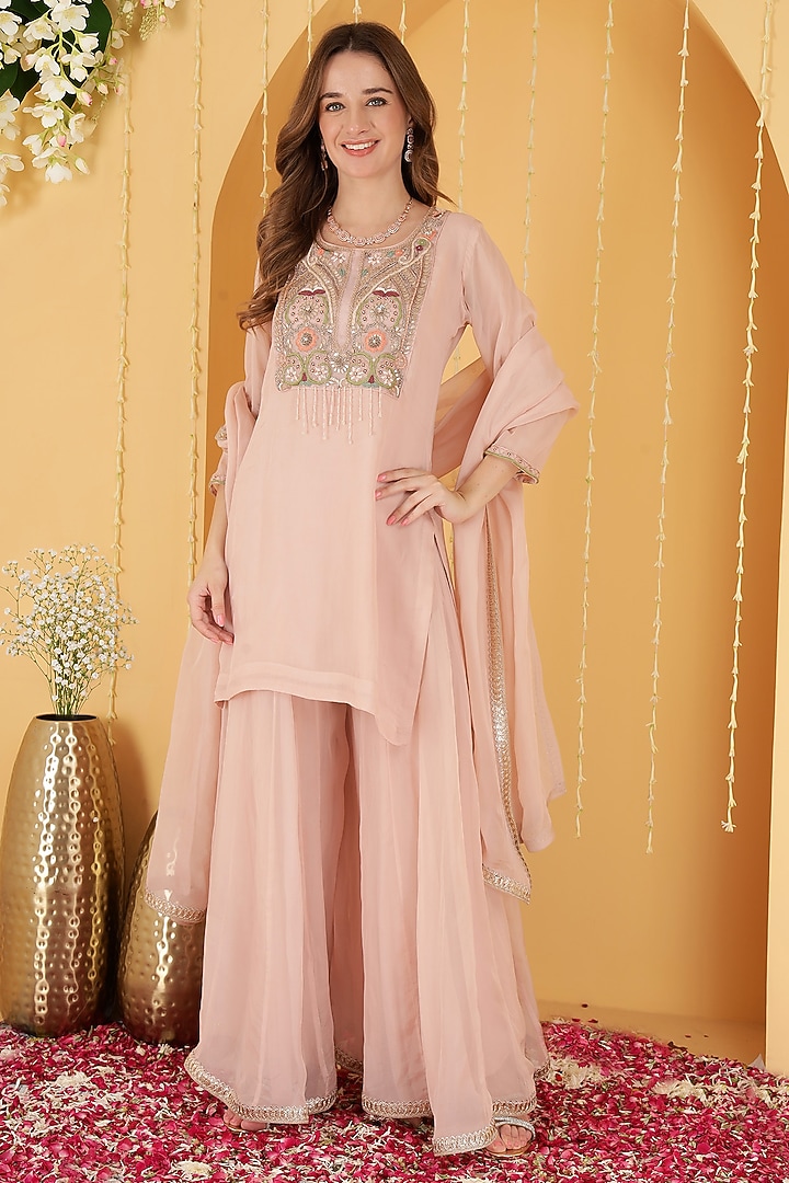 Powder Pink Organza Party Wear Sharara Set by Milu Madan at Pernia's Pop Up Shop