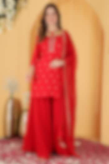 Red Viscose Dupion Silk Party Wear Sharara Set by Milu Madan at Pernia's Pop Up Shop