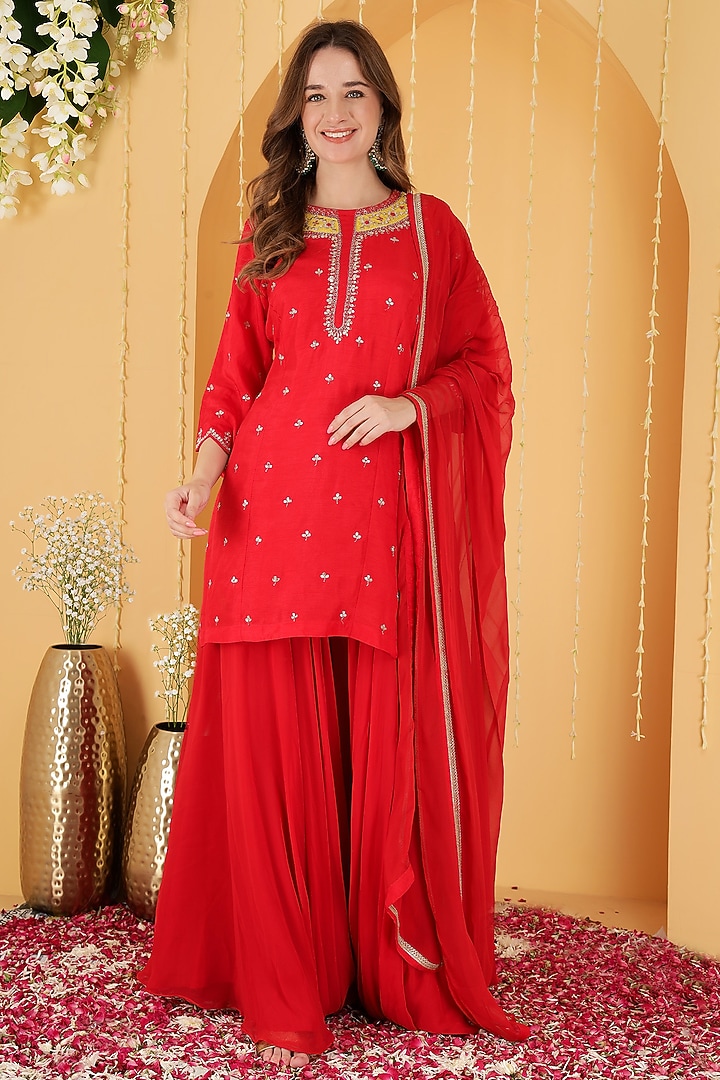 Red Viscose Dupion Silk Party Wear Sharara Set by Milu Madan at Pernia's Pop Up Shop