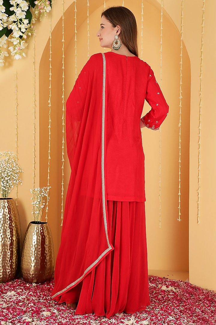 Red Viscose Dupion Silk Party Wear Sharara Set by Milu Madan at Pernia's Pop Up Shop